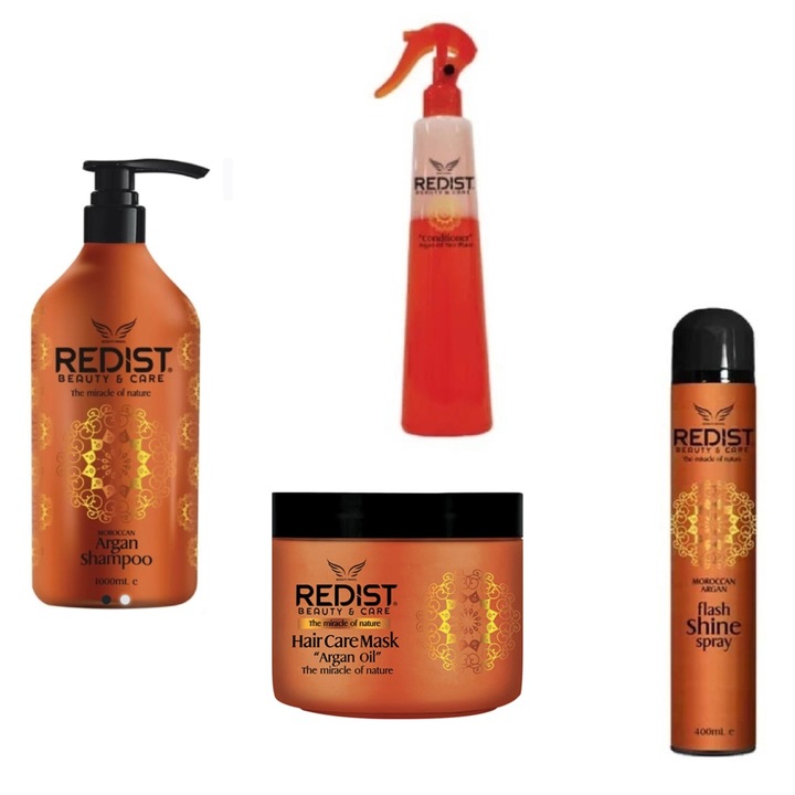 Комплект Redist Арган, шампоан 1000мл, двуфазен балсам 500мл, маска за коса 50мл, лак за коса за блясък 400мл