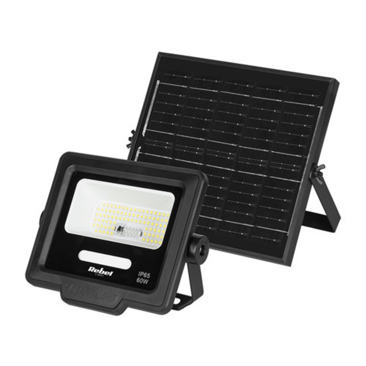 Reflector LED 60W, REBEL, 6800K, IP65, set cu panou solar 6W, 125x91x33mm