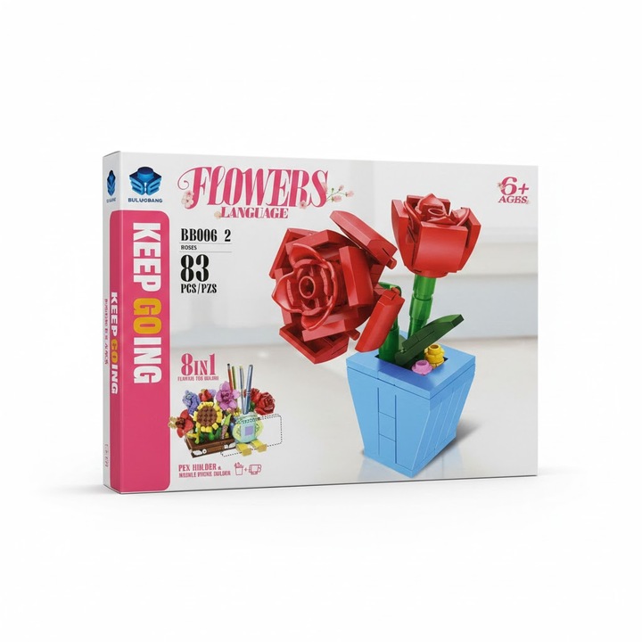 Set Joc De Constructie Flori In Ghiveci Model 2, 114 Piese, Colectia Flowers Language Galben Si Rosu