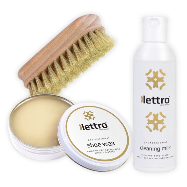 Set de ingrijire a incaltamintei din piele, Lettro, ceara pentru incaltaminte 100 ml, incolor, pasta de ceara, lapte de curatare, perie de lustruit, Multicolor, setul include: ceara pentru incaltaminte 100 ml, lapte de curatare 200 ml, perie de lustruit