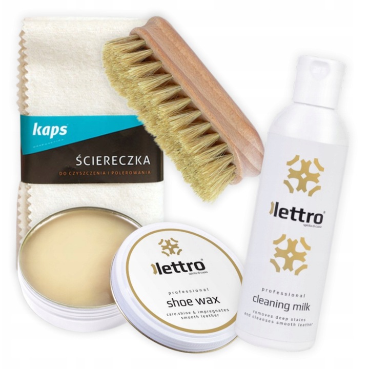 Set ingrijire incaltaminte din piele, Lettro, ceara pentru incaltaminte 100 ml, incolora, pasta de ceara 100 ml, lapte de curatare 200 ml, laveta de bumbac 30x33, perie de lustruit, impregnare, regenerare, hidratare, curatare, parfumat, set curatare