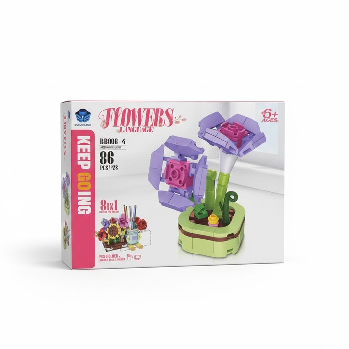 Set Joc De Constructie Flori In Ghiveci Model 4, 86 Piese, Colectia Flowers Language Mov Si Verde