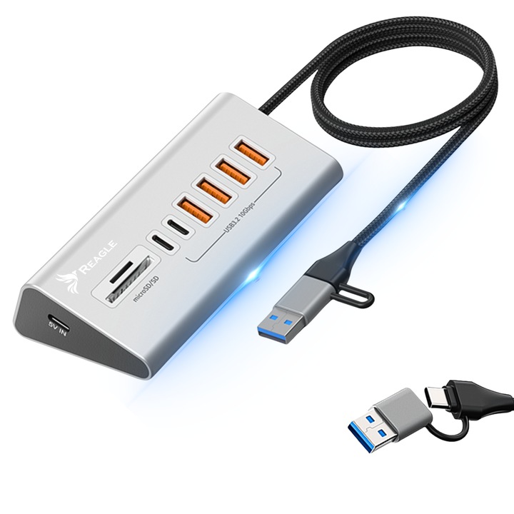 Hub USB Reagle 8в1, 6 USB порта (4x USB-A, 2x USB-C), четец на карти microSD/SD/TF, алуминий