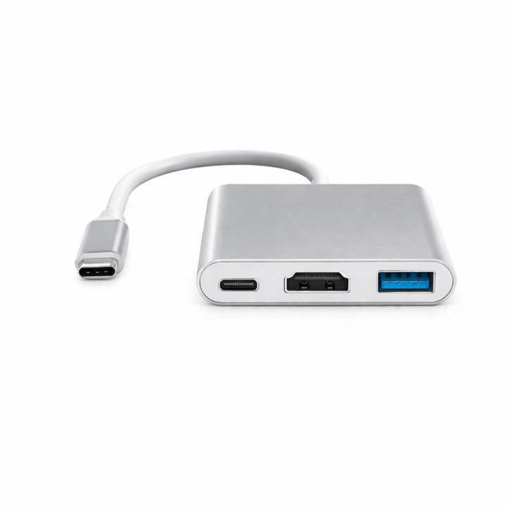 USB-C - HDMI 4K adapter, ezüst, 3 az 1-ben, USB 3.0 és PD 100W