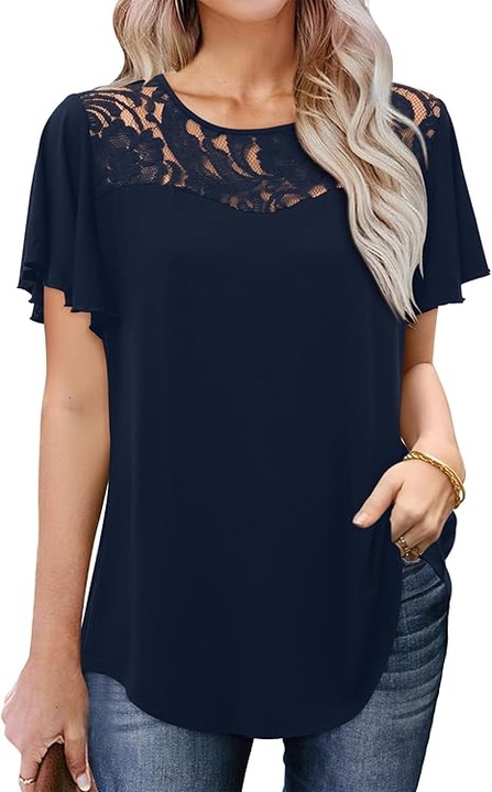 Bluza lejera pentru femei, maneci scurte, dantelate, albastra, Albastru