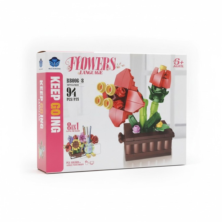Set Joc de Constructie GNR Market Flori Model 8, 94 Piese, Colectia Flowers Language, Rosu si Galben