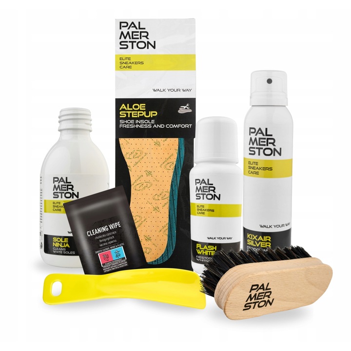 Kit de curatare si improspatare a incaltamintei, Palmerston, 7 in 1, compozitie: flashwhite 75g, aloestepup, servetel de curatat piele 1 buc., incaltator 15 cm, perie 12 cm, soleninja 125 ml, kixair silver 150 ml, multicolor, set de 7 elemente, material: