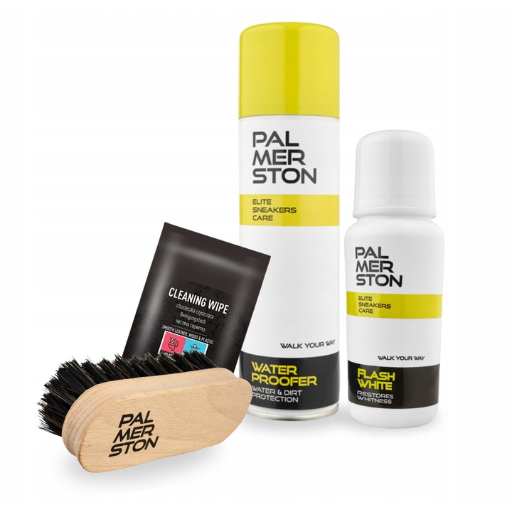 Kit de curatare a incaltamintei, Palmerston, 4 in 1, Alb, 75 g pasta, 250 ml impregnare, 1 buc. servetel, perie de 12 cm, Multicolor, Setul include: pasta, impregnare, servetel, perie, Material: diverse, Curata eficient, Impermeabil, Aplicator burete