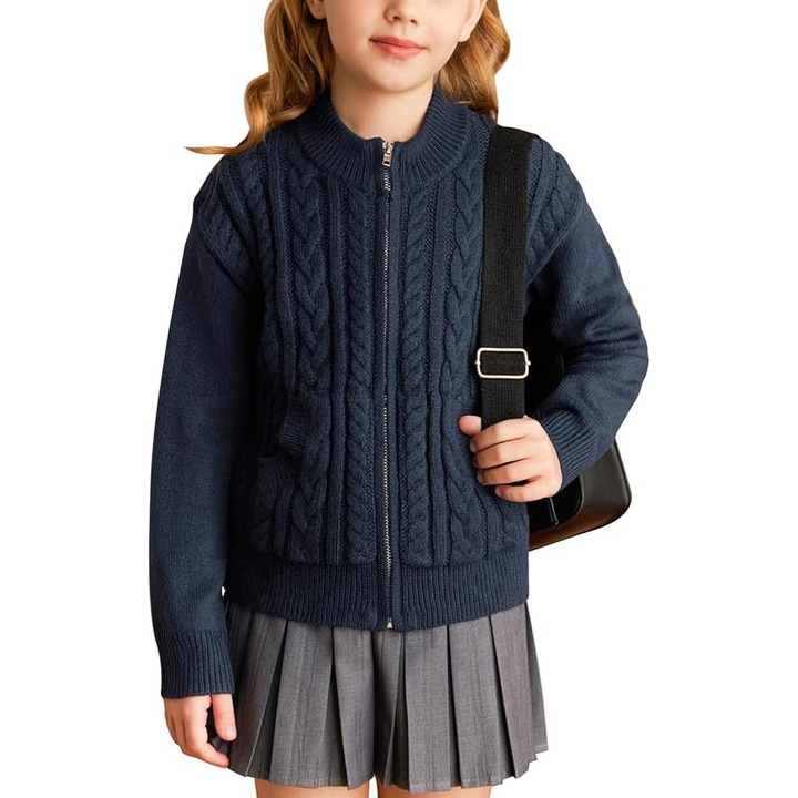 Cardigan pentru Copii cu Fermoar si Buzunare, Tricot Moale si Calduros – Ideal pentru Sezonul Rece, Bleumarin, Bleumarin