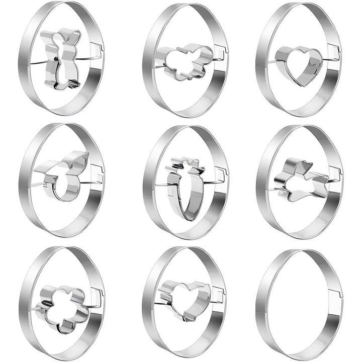 Set 9 forme pentru biscuiti, fursecuri sau linzer, pentru Paste, Primavara, 9 piese cu decupaj, Argintiu