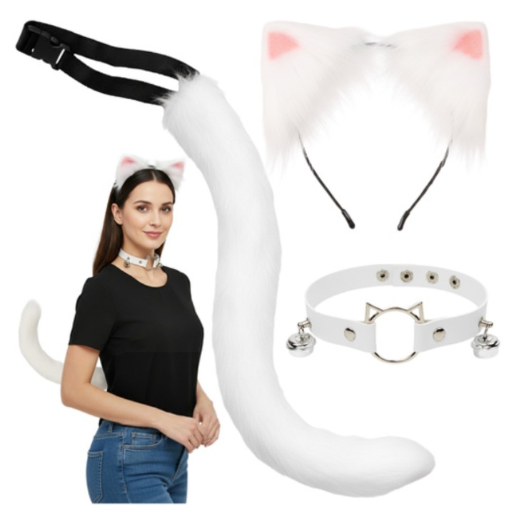 Set Costum Halloween AB HOMES, 3 in 1 Pisica / Vulpe / Lup Alb, Coada reglabilă, Choker cu clopoței