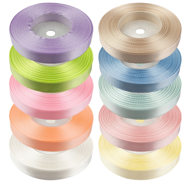 Szatén Szalag Készlet, Netuno, 100% Poliészter, Fényes, DIY Projektekhez, Ajándék Díszítésére, Tartós Anyag, Egyszínű, 12 x 32 m, Többszínű, 10 db