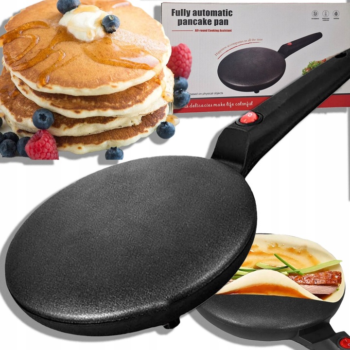 Macvi® 600W olajmentes elektromos palacsintasütő, tapadásmentes, 20 cm átmérőjű, automata termosztáttal és ergonomikus fogantyúval