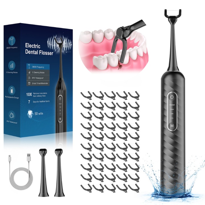 Wanty® Elektromos Fogtisztító Készülék, Professzionális Interdentális Tisztítás, 3 Program, Szónikus Rezgések 38.000/perc, 2000 mAh, Hordozható, USB-ről Tölthető, 2 Fő Fej, 50 Tartalék Fej Mellékelve, Intelligens Időzítő