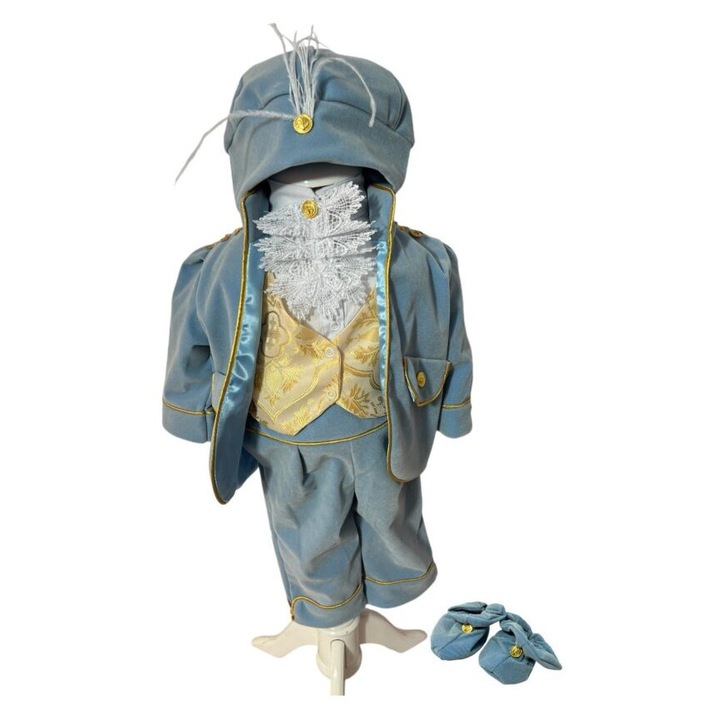 Costum botez baietel Print Royal – blue, catifea, cu botosei