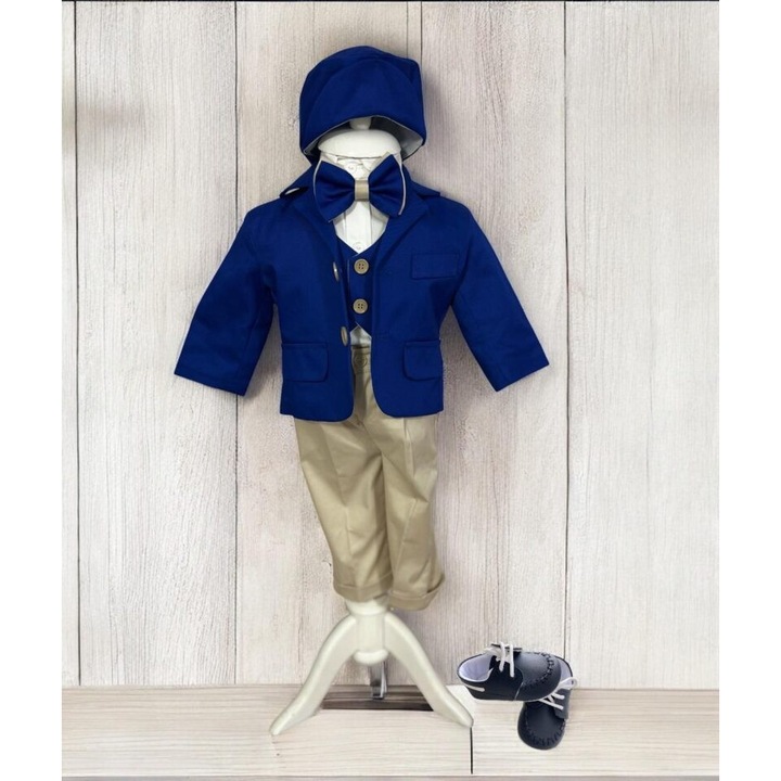 Costum botez băiețel Ianis, stofa, albastru electric, 74 cm, cu pantaloni, cămașă, sacou, beretă, papion, pantofi