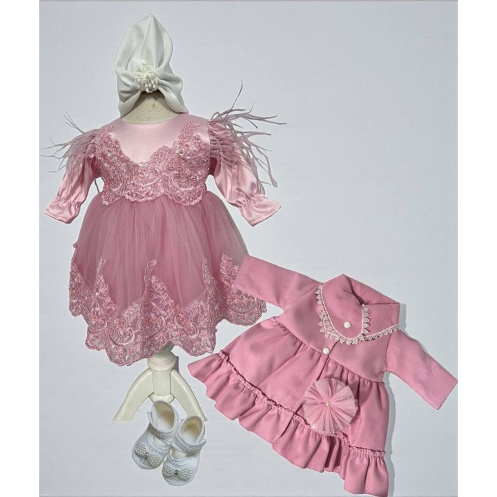 Rochita botez fetita Alina- roz cu palton elegant