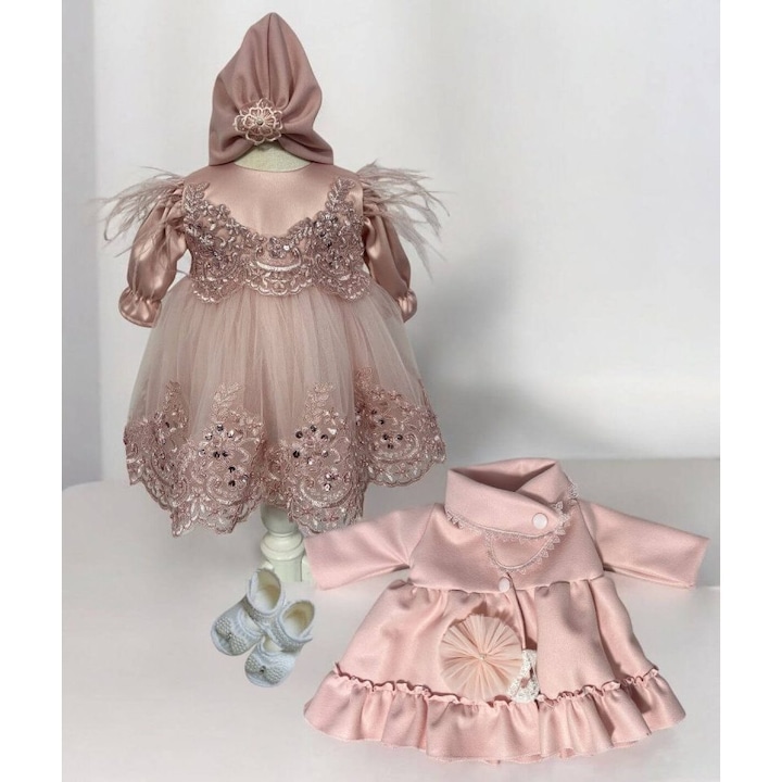 Rochita botez fetita Alina- roz prafuit cu palton elegant