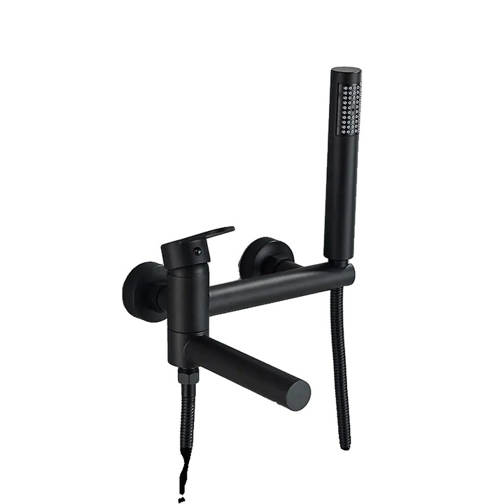 Baterie sanitara, montare pe perete, cu dus de mana, neagra