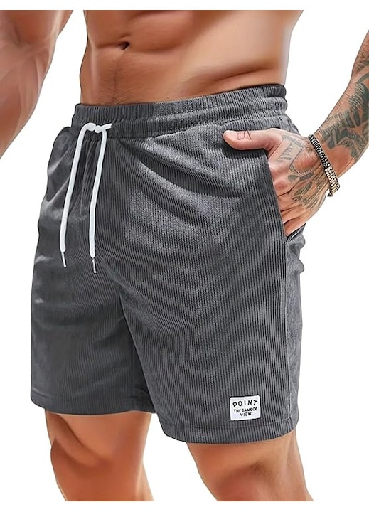 Pantaloni Scurti pentru Barbati, din Bumbac Corduroy, Confortabili si Respirabili, Talie Elastica cu Snur, Buzunare Laterale si Spate – Ideali pentru Sport si Activitati Outdoor, Gri, Marimea 2XL