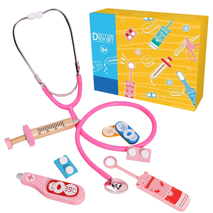 Set Joaca Doctor, BYONDSELF®, Lemn, Joc Creativ si Interactiv, 5 Pieces, cu Stetoscop, Termometru, Oglinda Bucala, Seringa, Pentru Copii de 3 Ani+, Roz