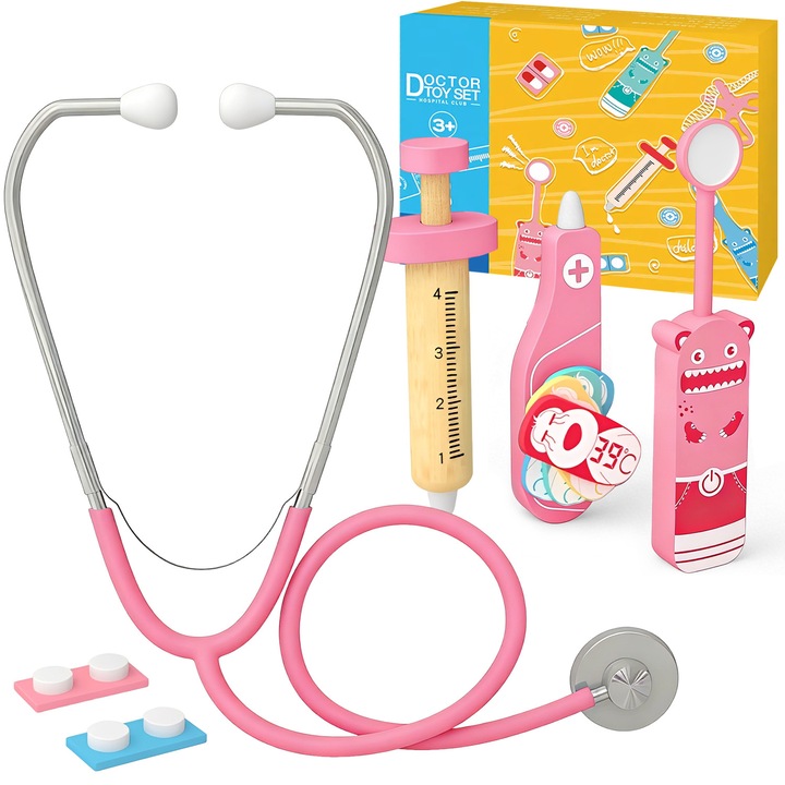 Set Joaca Doctor, BYONDSELF®, Lemn, Joc Creativ si Interactiv, 5 Pieces, cu Stetoscop, Termometru, Oglinda Bucala, Seringa, Pentru Copii de 3 Ani+, Roz