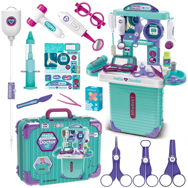 Set Joaca Doctor, BYONDSELF®, 24 Accesorii, 2 in 1, Dulap Mobil si Trusa Medicala, cu Lumini si Sunet, Jucarii Interactive/Montessori, Pentru Copii de 3 Ani+, Albastru/Verde