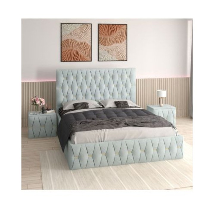 Pat Tapitat Eric pentru Dormitor, Lemon, AmzMob, Saltea si 2 Noptiere Tapitate Incluse. 160x200cm