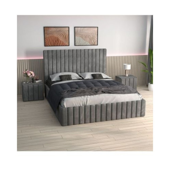 Pat tapitat Luca AmzMob gri, saltea ortopedica si noptiere tapitate incluse 180x200