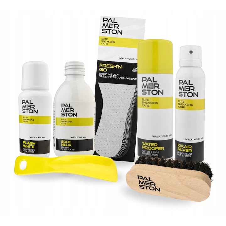 Set de ingrijire a incaltamintei, Palmerston, 7 in 1, cu branturi proaspete, cu pasta de dinti flashwhite 75g, cu incaltator de 15 cm, cu perie de 12 cm, cu lichid soleninja 125 ml, cu deodorant kixair silver 150 ml, cu impregnare impermeabila 250 ml