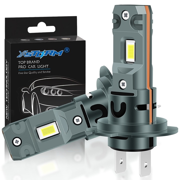 Set 2 Becuri Led Auto H7, Xstorm F302, Px26d, 70 W, 6500 K, CanBus Slim, Retrofit 1:1, Plug&Play, Racire Activa, Faza Scurta, Faza Lunga, Faruri Anti-Ceata, Alb Xenon, Compatibil 90% Can-Bus, Chip CSP 7035+, Aluminiu 6063, 12V DC