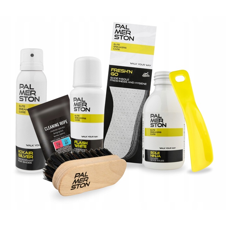 Kit de curatare si improspatare a incaltamintei, Palmerston, 7 in 1, Multicolor, Contine: palmerston flashwhite 75 g, palmerston fresh'n go, servetel de curatare pentru piele 1 buc., incaltator din plastic palmerston galben 15 cm, perie palmerston 12