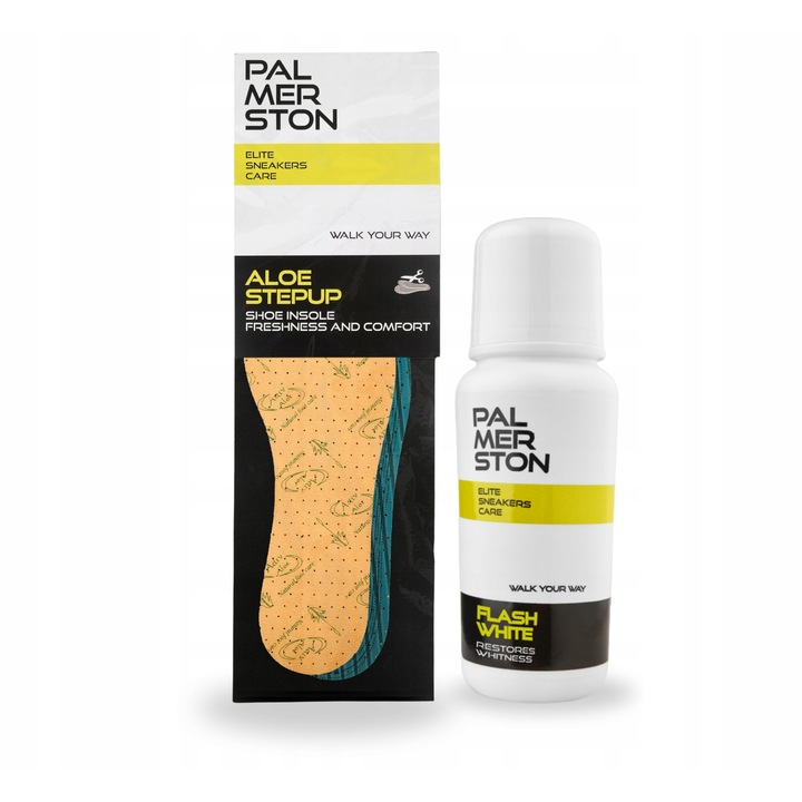 Set 2 in 1, Palmerston, pasta de albire Flashwhite, 75 g, insertii Aloe Stepup, marime universala 36-46, pentru curatarea pantofilor albi, pentru relaxarea picioarelor, alb, setul include: 75 g pasta, insertii Aloe Stepup, material: burete, eficient in