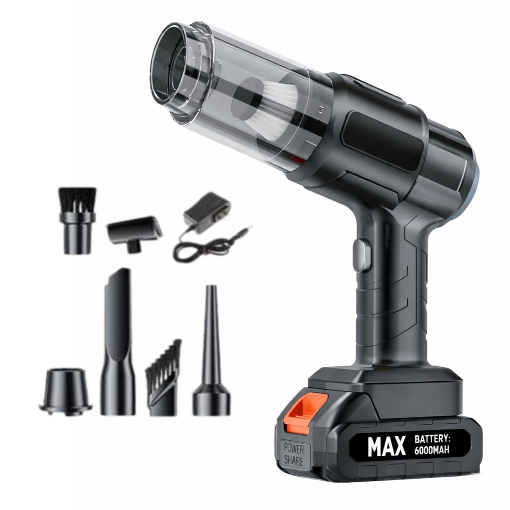 Aspirator Auto Portabil Boxely Fara Fir, Putere Mare de Aspirare, Acumulator 6000 mAh, Design Ergonomic, 6 Capete Incluse