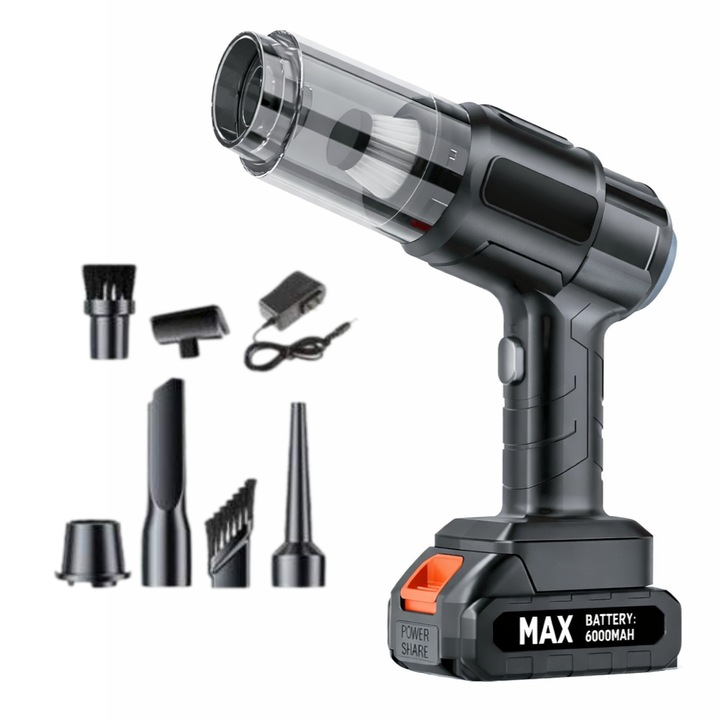 Aspirator Auto Portabil Boxely Fara Fir, Putere Mare de Aspirare, Acumulator 6000 mAh, Design Ergonomic, 6 Capete Incluse