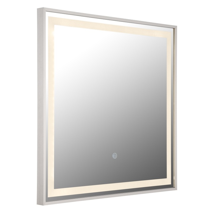 Oglinda, metal nichel mat, plastic opal, touch on/off, dimmer tactile reglabil in mod continuu, mai multe niveluri prin comutator de perete, functie de memorie, 500x500x28mm, incl. LED 10W 230V, sursa 89-808lm, iesire 82-517lm, CCT 2700/4000/6500K