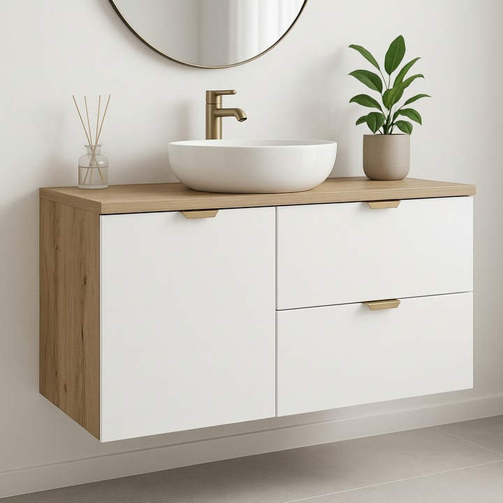 Dulap pentru lavoar Wena Meble, cu cos de rufe, fronturi netede Orio, 100x60x47 cm, Alb/Stejar artizanal