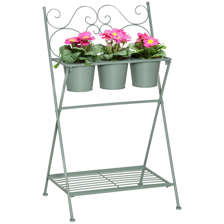 Suport pentru plante, metal, design pliabil, verde, 47x37x78.5 cm, set cu 3 ghivece