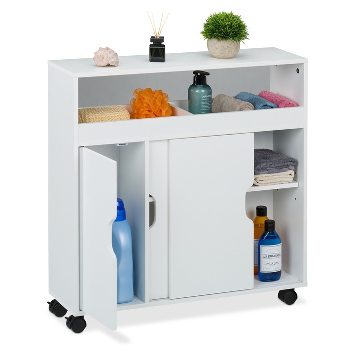 Raft ingust depozitare Relaxdays, din MDF, cu roti si usi glisante, 71.5 x 70 x 20 cm, pentru baie, Alb