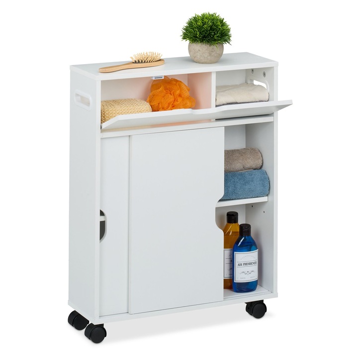 Шкаф за съхранение Relaxdays, Тесен, от MDF, с колелца и плъзгащи се врати, 67 x 17 x 52 см, за баня, Бял