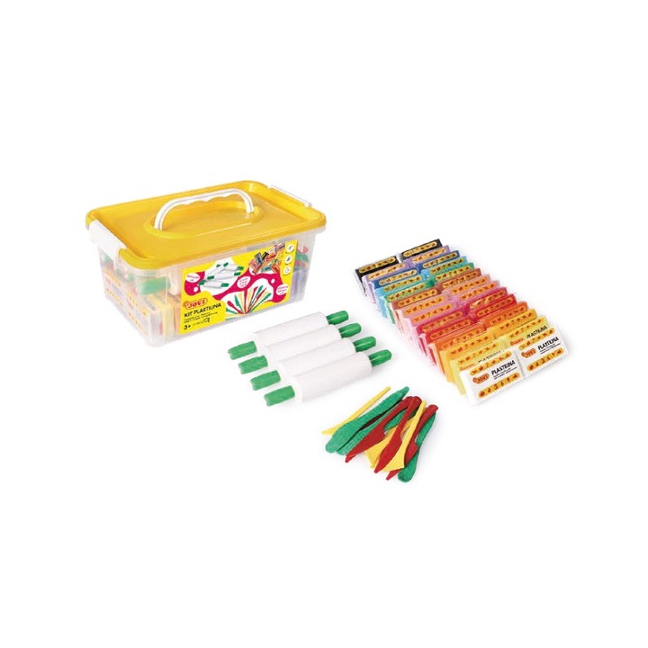 Set de modelat cu plastilina JOVI, 28 batoane colorate de 50g, 4 role, 15 cuttere