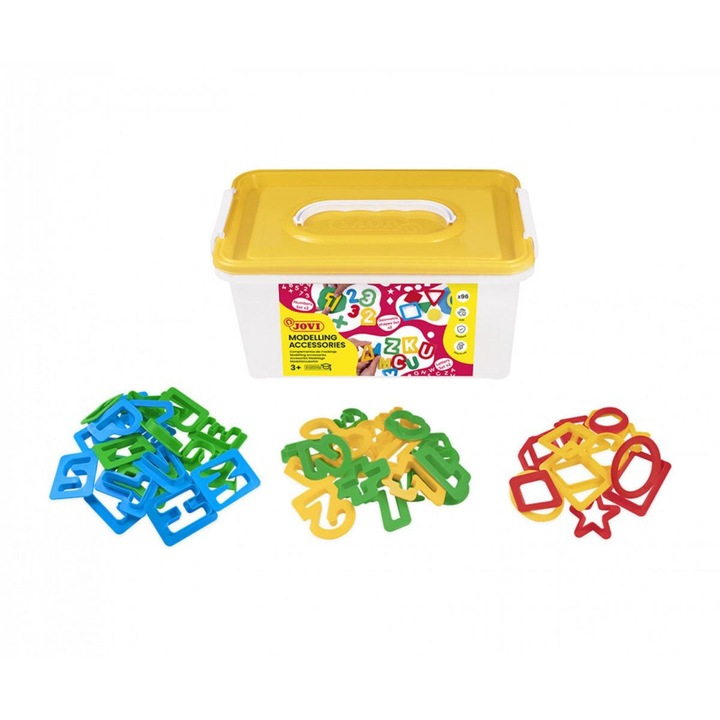Set 96 sabloane pentru plastilină, JOVI, cifre, litere, forme geometrice, multicolor