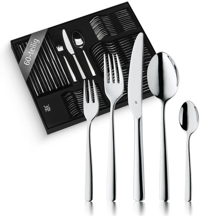 Set de tacamuri WMF Boston pentru 12 persoane, tacamuri 60 de bucati, cutit monobloc, otel inoxidabil Cromargan lustruit, lucios, se poate spala vase
