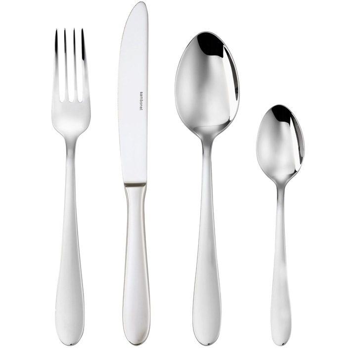 Set tacamuri Sambonet Astrid 36 piese, serviciu 36 bucati monobloc, 6 furculite de masa, 6 cutite de masa, 6 furculite pentru fructe, 6 linguri de masa, 6 lingurite, otel inoxidabil, se poate spala vase