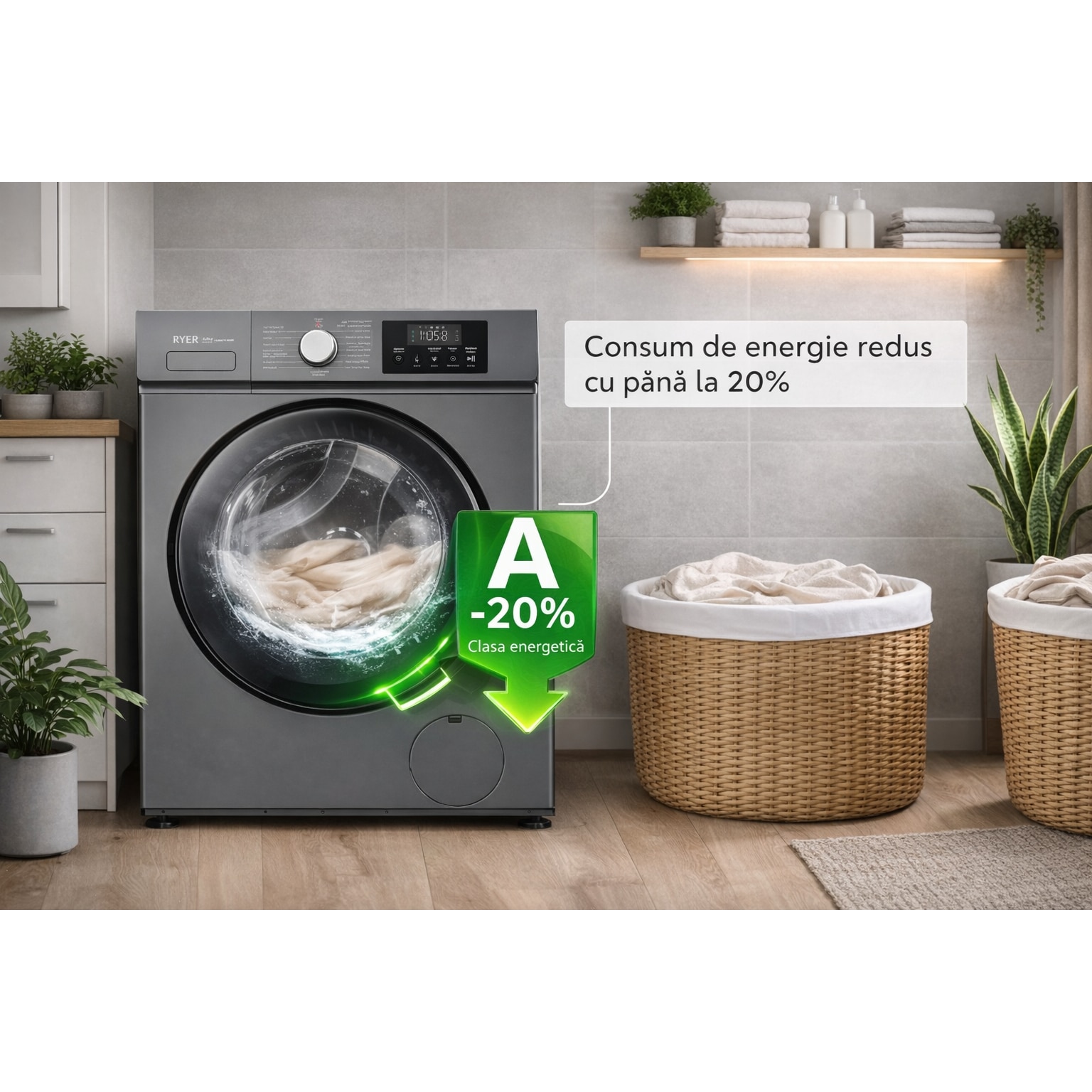 Masina de spalat rufe RYER CoreWash, 8 kg, 1200 rpm, Antracit, 84.5x53.5x59.8cm