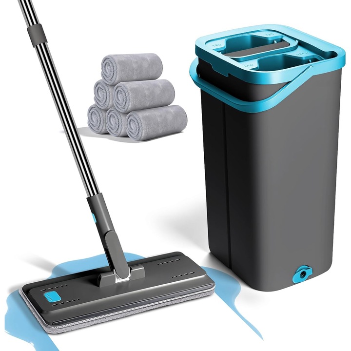 Set mop cu galeta, Masthome, 2-in-1, cap rotativ 360, maner telescopic 140 cm, Turcoaz/Gri, 6 lavete din microfibra