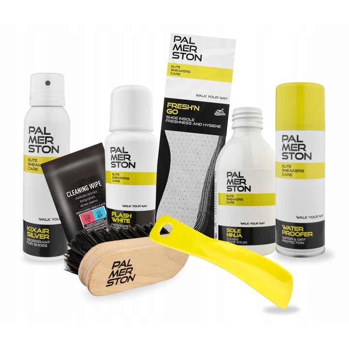 Kit de curatare si improspatare a incaltamintei, Palmerston, 8 in 1, Branturi interioare proaspete, Flashwhite 75g, Fresh'n Go, Servetel curat, Incaltator 15 cm, Perie 12 cm, Soleninja 125 ml, Kixair Silver 150 ml, Hidroizolant 150 ml, Multicolor, 8