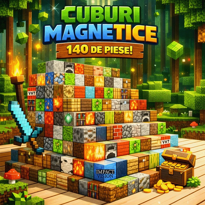 Set de constructie magnetic 140 piese Impact Vision®, cuburi magnetice aleatorii, jucarie creativa