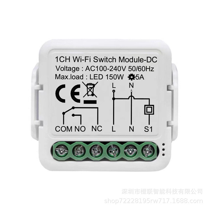 WiFi реле със сух контакт, VU-TEK, 100-240 V AC, максимална мощност 150 W, IP20