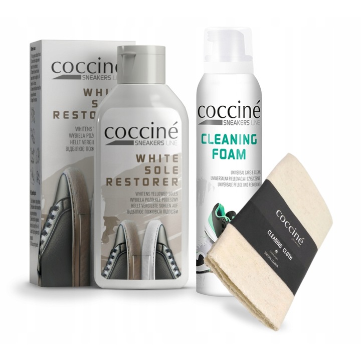 Kit de curatare Coccine 3 in 1 pentru incaltaminte sport, 150 ml, reparator de talpa alba, spuma de curatare, laveta din bumbac, multicolor, 3 bucati, material: bumbac, eficient in indepartarea murdariei, sigur pentru culori, usor de